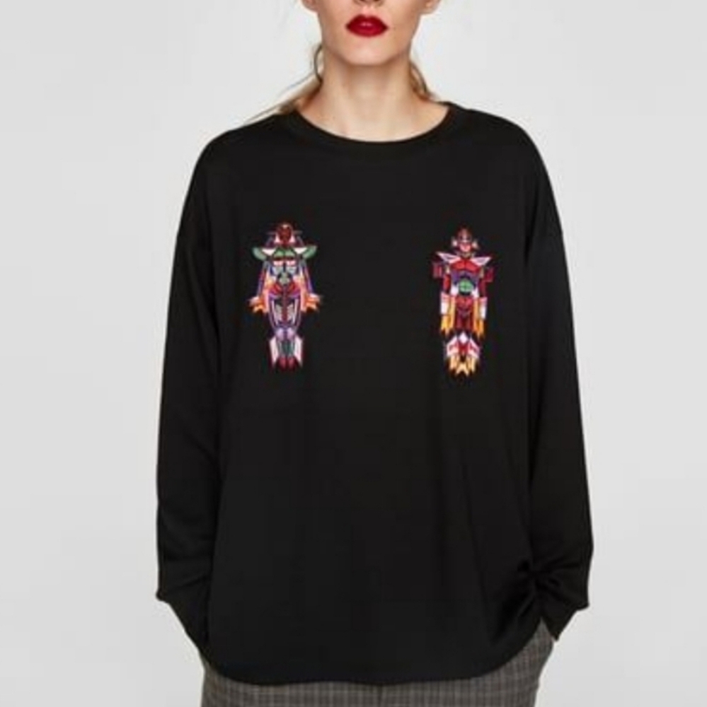 Zara Women's Rare Long Sleeve Tee Robot Embroidered Black Oversized Pullover M